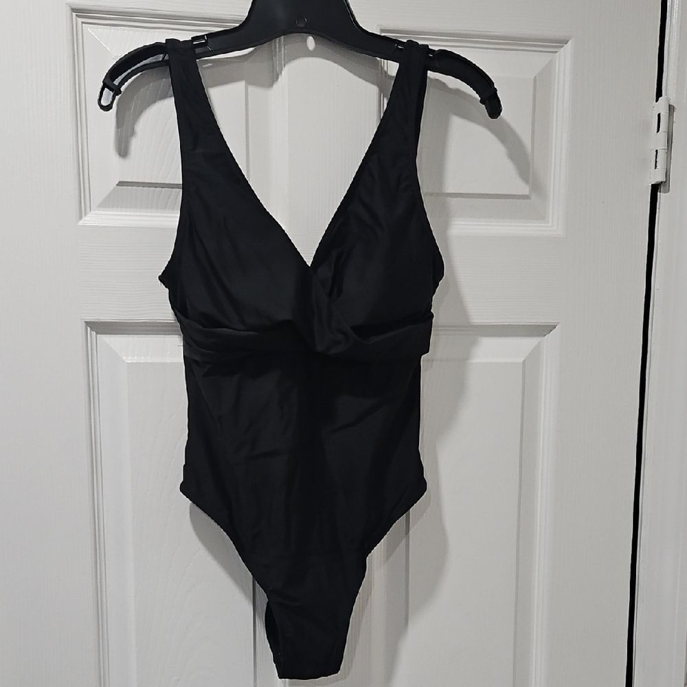 Women's Black One-Piece Swimsuit with V-Neck Support